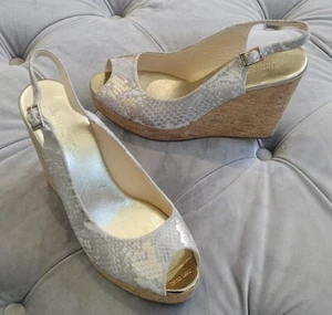 Jimmy Choo Womens Gray Gold Snake Peep Toe Wedge Slingback Heel Shoes 41 10 $550 - Picture 1 of 14