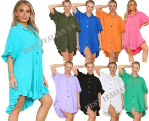 Women Gold Button Pleated Frill Summer Shirt Swing Mini Dress VIRAL TIKTOK Top - Picture 1 of 31