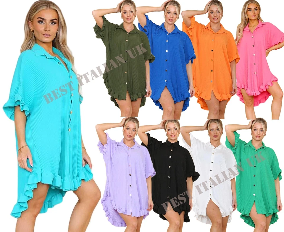 Women Gold Button Pleated Frill Summer Shirt Swing Mini Dress VIRAL TIKTOK Top - Image 1 of 1