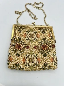 Vintage Clutch Tasche mit Perlen Made in Hong Kong Blumenmuster mit Kette - Bild 1 von 6