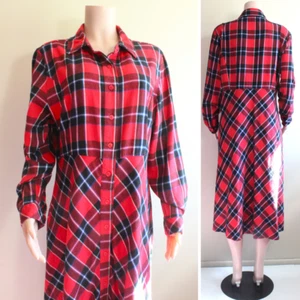 Appleseeds 18 XL Red Cotton Flannel Tartan Plaid L/Sleeve A Line Dress Button Up - Picture 1 of 10