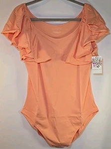 Eden Ivy Womens Plus Ruffle Sleeve Top Stretch Knit Bodysuit Peach Coral Pink 1X - Picture 1 of 6