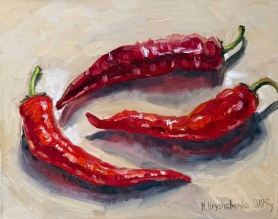 Red Spicy Peppers Original Oil Painting Kitchen Decor Food Impasto Style - image 1 of 4