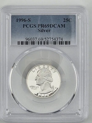 1996 S 25c Washington 90% Silver Proof Quarter Coin PCGS PR69DCAM Free Shipping - Image 1 of 2