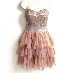 Mini Vestido Arden B Sweetheart Sin Mangas Dorado Tul Lentejuelas Glamour Extra Pequeño - Imagen 1 de 9