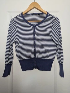 Woolovers Women's Blue & White Striped Cropped Cardigan, UK S, Silk Cotton Blend - Picture 1 of 11