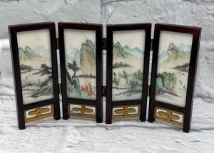 Mini schermo pieghevole cinese vintage 4 pannelli scenografico montagne e fiori asiatici - Foto 1 di 7