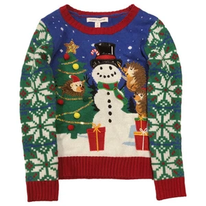 Girls Blue Snowman & Hedgehog Holiday Christmas Sweater Medium (8) - Picture 1 of 2
