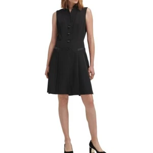 DKNY NEW Women's Four Buttons Faux Leather Trim A-Line Dress TEDO - Picture 1 of 2