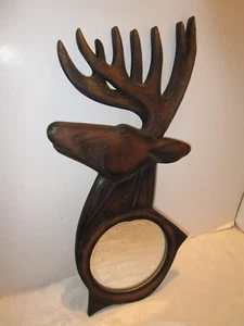Vintage Handcrafted Carved Wood wall mirror REINDEER Buck Cabin Country 25”T - Picture 1 of 11