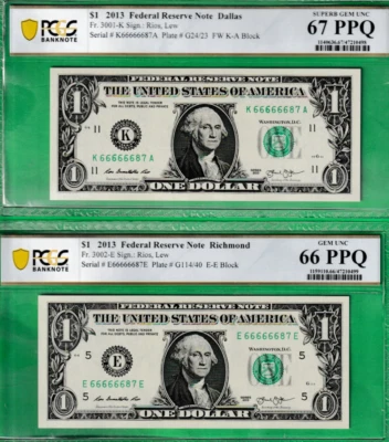 $1  Federal Reserve Notes MATCHING FANCY Serial Numbers 66666687 PCGS - Image 1 of 2