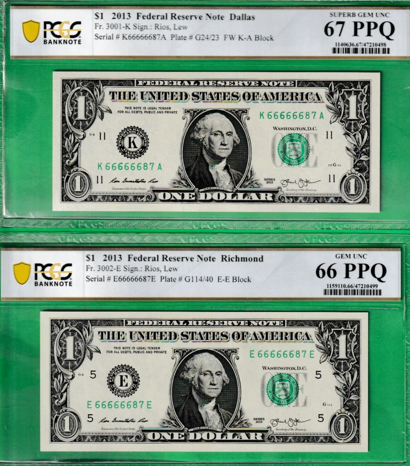 $1  Federal Reserve Notes MATCHING FANCY Serial Numbers 66666687 PCGS - Image 1 of 2