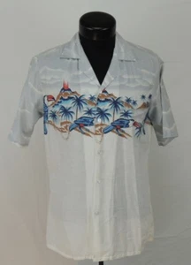 Camicia hawaiana hawaiana vintage made Hawaii Aloha Olo Manu scenica palma uccello vulcano M - Foto 1 di 12