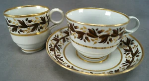Flight Worcester Brown & Gold Leaf Tea Coffee Cup & Saucer Trio C. 1792-1807 A - Picture 1 of 12
