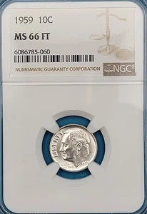 1959 Roosevelt Silver Dime 10C NGC MS 66 Full Torch - Picture 1 of 6