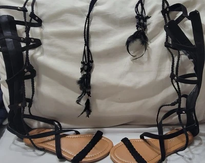 Sandalias Liliana Gladiador Correa para Piernas Cuero Negro Punta Abierta Talla 8 Zapatos Planos Foto 1 de 2