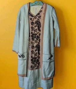 Antique Edwardian 1920s Wool Silk Velvet Beige Peach Floral Applique Dress TLC - Picture 1 of 22