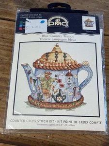 DMC Creative World #K4531 “BLUE COUNTRY TEAPOT” Counted CROSS STITCH KIT 8”x 8” - Picture 1 of 6