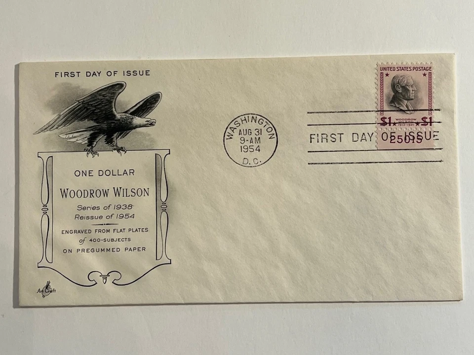 1954 $1 Woodrow Wilson Postage Stamp #832c First Day Cover - ArtCraft cachet - Image 1 of 1