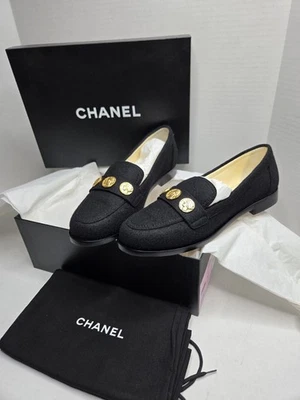 Chanel Mujer Mocasines Mocasines Negro Tweed Oro Moneda Dije con Caja Talla 401/2 Foto 1 de 4
