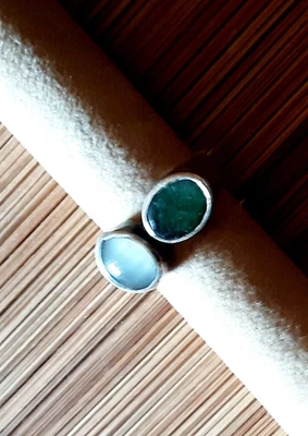 Anello Smeraldo e Pietra Luna Anni'80 Arg.925 - Immagine 1 di 4