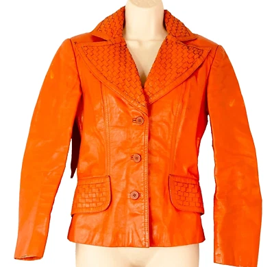 Винтажный 1970-х ярко оранжевый кожаная куртка, подлинный ретро сплетенный воротник богемное XS S - Изображение 1 из 4