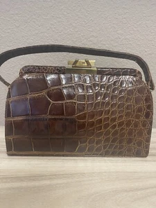 1950s Woolf Brothers Alligator Brown Handbag Vintage Satchel Purse Leather Lined - Picture 1 of 24