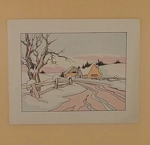 Frontal de tarjeta de Navidad vintage, escena de granja de invierno pastel - sin parte posterior - Imagen 1 de 2