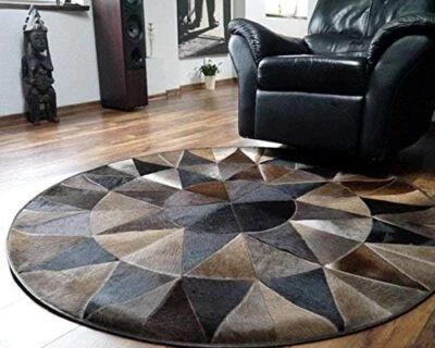 Round Grey Cowhide Leather Hair-On Patchwork Rug  – Handmade Area Carpet - Image 1 of 3
