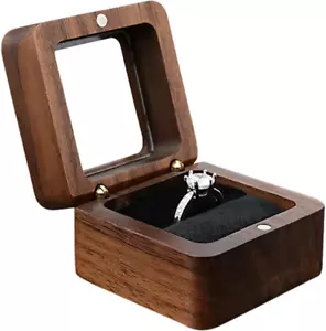 Wooden Ring Box, Mini Engagement Ring Holder Box with Transparent Cover, Square - Picture 1 of 12