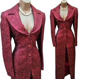 12 UK Karen Millen Berry Red Vintage Shimmer Jacquard Long Mac Dress Coat Jacket - Picture 1 of 10