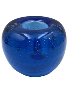 Vintage Art Glass Candle Holder Mid-century Blown Cobalt Blue Bullicante Bubble - Picture 1 of 17