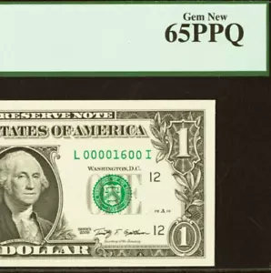 2009 $1 Federal Reserve Note PCGS 65PPQ Birthday Low Serial Number 00001600 - Picture 1 of 3