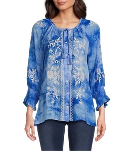 NWT Calessa Size M Embroidered Tie Dye Split V-Neck 3/4 Sleeve Tunic - Picture 1 of 10