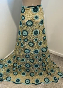 GOLD TEAL SEA GREEN Rhinestone Beads Lace Fabric 50” Width Sold By Yard - Picture 1 of 5