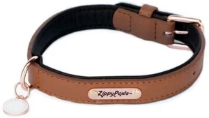 Colección heredada de collar de cuero para perro ZippyPaws - marrón con borde rosa, pequeño - Imagen 1 de 9