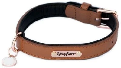 ZippyPaws Leather Dog Collar Legacy Collection - Brown with Rose Trim, Small - Image 1 of 4