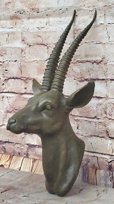 Grande Real 100% Puro Bronzo Antilope Testa Staffa a Muro Casa Cabina Decorativa - Immagine 1 di 4