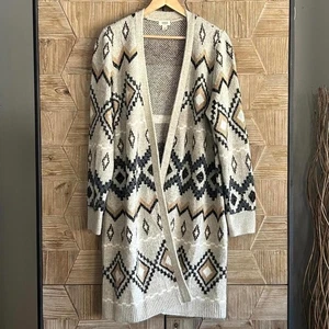 a.n.a Women's Beige Geometric Patterned Long Cardigan Sweater Size Large - Picture 1 of 6