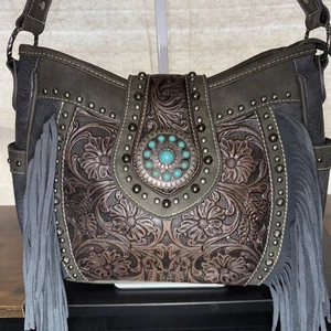 Trinity Ranch Montana West Tooled Diseño Borlas Bolso de Hombro Cuero - Imagen 1 de 12