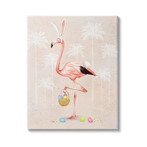 16x20 Beige Canvas Wall Art - Easter, Egg Hunt, Pink Flamingo Bird Basket - Picture 1 of 6