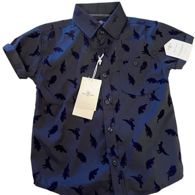 H&M Boys Dinosaur Print Short Sleeve Button-Up Shirt 4-5 Blue velvet burnout - Image 1 of 4