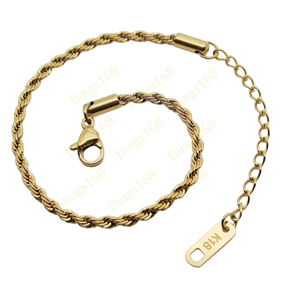 Pulseira de corrente de corda torcida masculina e feminina folheada a ouro amarelo 18K resistente a manchas - Imagem 1 de 1
