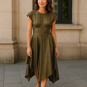 Vintage Morton Myles I. MAGNIN 80s Olive Green Gold Metallic Layered Dress 0-2 - Picture 1 of 13