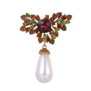 Handcrafted Pearls Green Red Stone Brooch Pin Jewelry For Exclusive Style Lovers - Picture 1 of 8