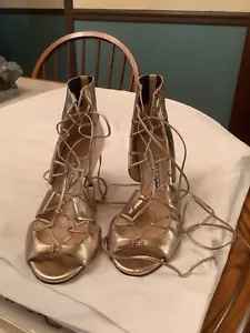 Jimmy Choo Myrtle 65 Gold Metallic Lace Up Sandals 35 US 5 EUC++++ - Picture 1 of 5