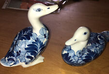 Vintage Porcelain Ducks Pair Of Blue & White Birds With Leaves Designs