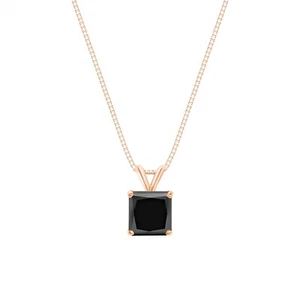 1.25 Ct Princess Created Black Diamond Real 14K Rose Gold Pendant 18" Necklace - Picture 1 of 2