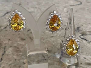 Charles Winston Sterling Silver Canary & White CZ Omega Back Earrings & Ring Set - Picture 1 of 19