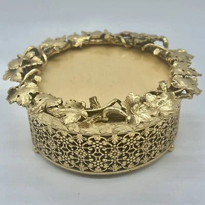 Hollywood Regency Jewelry Trinket Vintage Box Filigree Footed Glass Insert - Picture 1 of 13